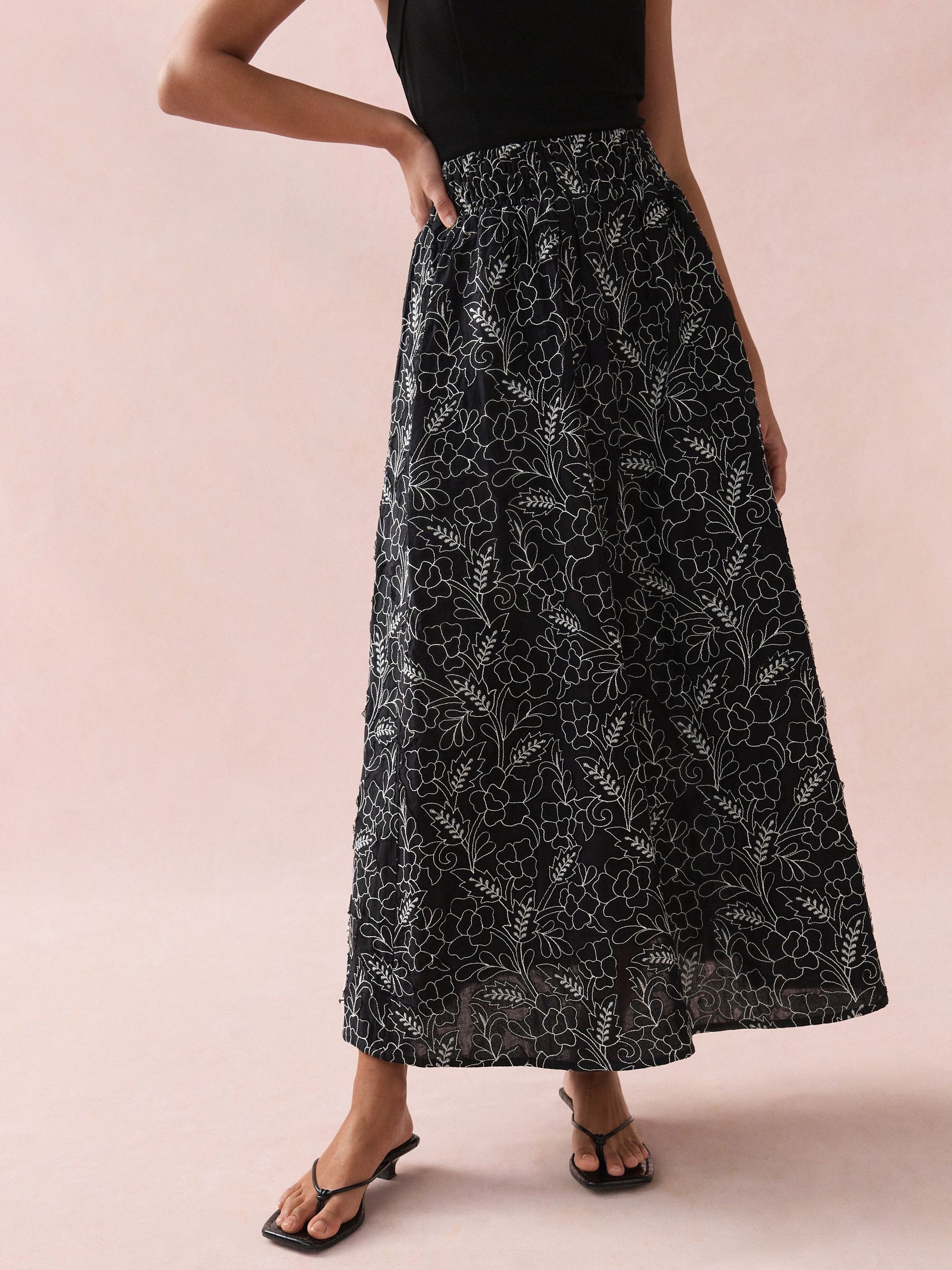 Black/White Embroidered Maxi Skirt