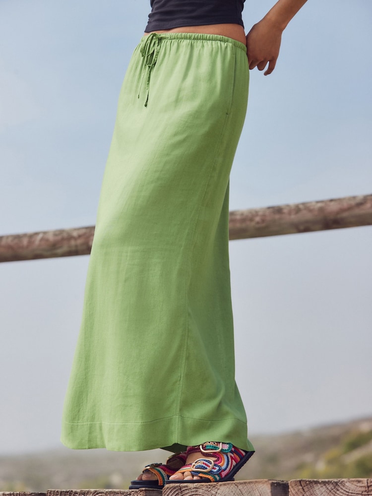 Green Tie Waist Maxi Skirt With Linen - Image 4 of 8