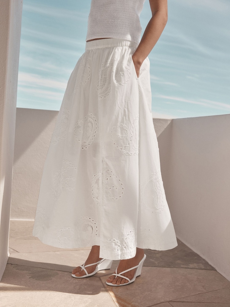 White Embroidered Paisley Midi Skirt - Image 2 of 8