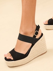 Lipsy Black Standard Fit Mid Elastic Square Toe Buckle Espadrille Wedges - Image 2 of 5