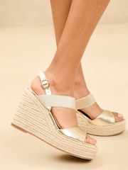 Lipsy Gold Standard Fit Mid Elastic Square Toe Buckle Espadrille Wedges - Image 2 of 5
