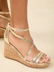 Lipsy Gold Multi Strap High Cork Espadrille Wedges - Image 2 of 5