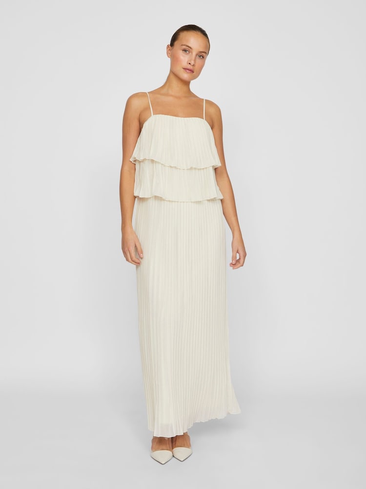 VILA Cream Chiffon Ruffle Pleated Maxi Occasion Dress - Image 2 of 6 VILA Cream Chiffon Ruffle Pleated Maxi Occasion Dress - Image 2 of 6