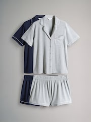 The Set Grey Marl/Navy Viscose Blend Button Through Pyjamas 2 Pack with Piping - Image 1 of 11
