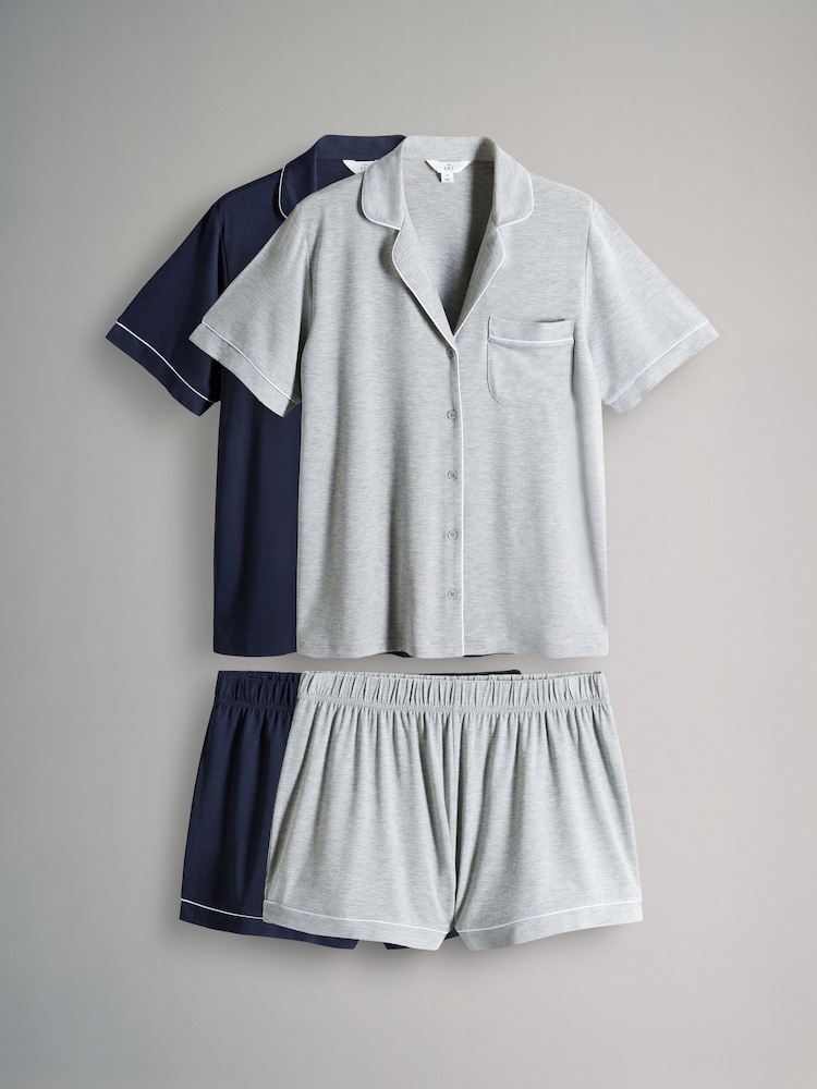 The Set Grey Marl/Navy Viscose Blend Button Through Pyjamas 2 Pack with Piping - Image 1 of 11