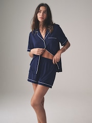 The Set Grey Marl/Navy Viscose Blend Button Through Pyjamas 2 Pack with Piping - Image 3 of 11