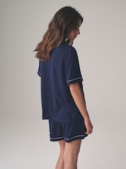 The Set Grey Marl/Navy Viscose Blend Button Through Pyjamas 2 Pack with Piping - Image 4 of 11