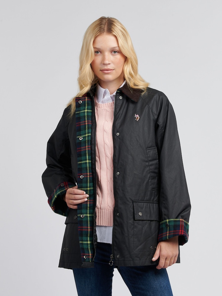 U.S. Polo Assn. Black Womens Waxed 100% Cotton Short Parka - Image 1 of 12