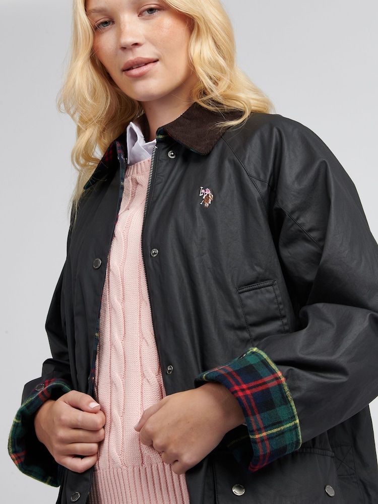 U.S. Polo Assn. Black Womens Waxed 100% Cotton Short Parka - Image 2 of 12