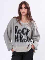 Religion Grey Oversized Heart Jumper with Rock N Roll Jacquard - Image 1 of 6