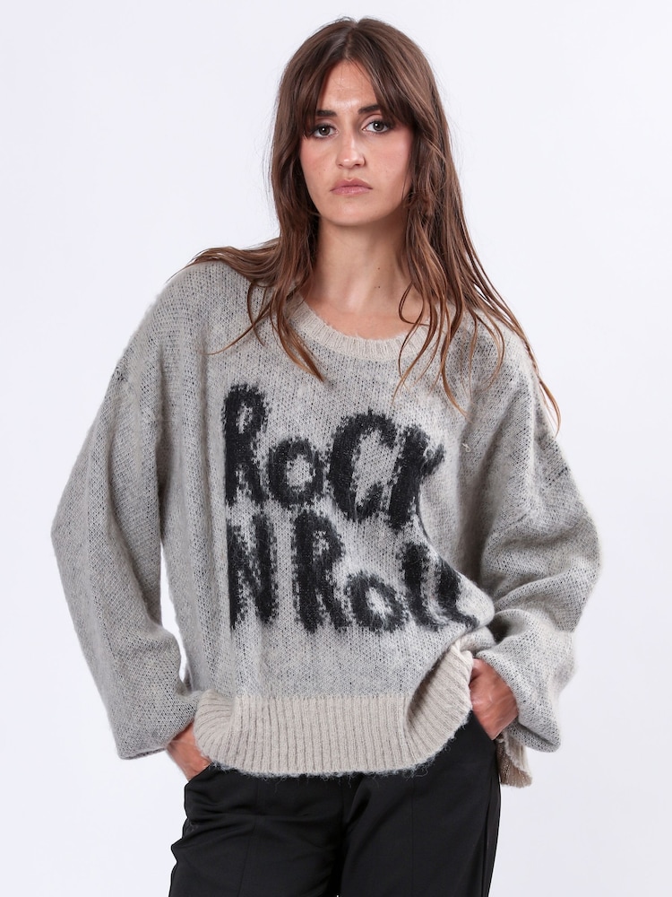 Religion Grey Oversized Heart Jumper with Rock N Roll Jacquard - Image 1 of 6