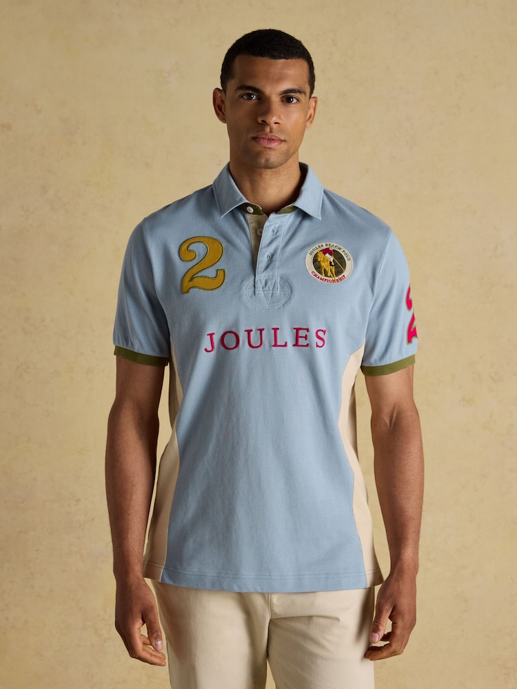 Embellished Blue/Ecru Classic Fit Cotton Polo Shirt - Image 1 of 8 Embellished Blue/Ecru Classic Fit Cotton Polo Shirt - Image 1 of 8