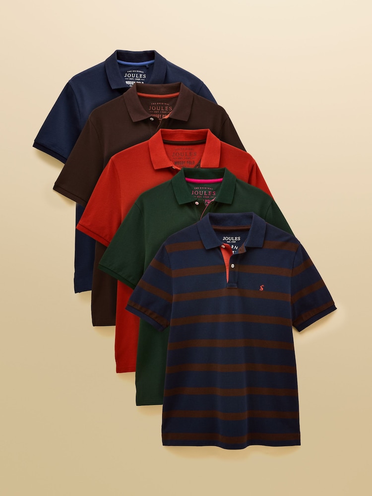 Joules Woody Polo Shirts Navy/Green/Brown/Orange/Brown Stripe 5 Pack - Image 1 of 11 Joules Woody Polo Shirts Navy/Green/Brown/Orange/Brown Stripe 5 Pack - Image 1 of 11