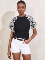Lipsy Black Floral Crochet T-Shirt - Image 1 of 4