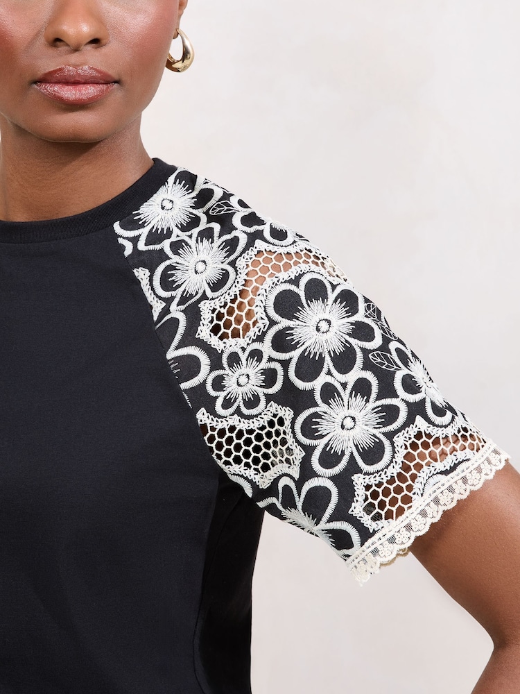 Lipsy Black Floral Crochet T-Shirt - Image 2 of 4