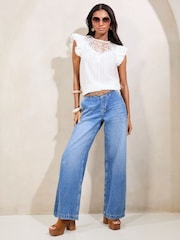 Lipsy White Embroidered Flutter Sleeve Shell Top - Image 2 of 4