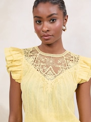Lipsy Buttermilk Yellow Embroidered Flutter Sleeve Shell Top - Image 1 of 4