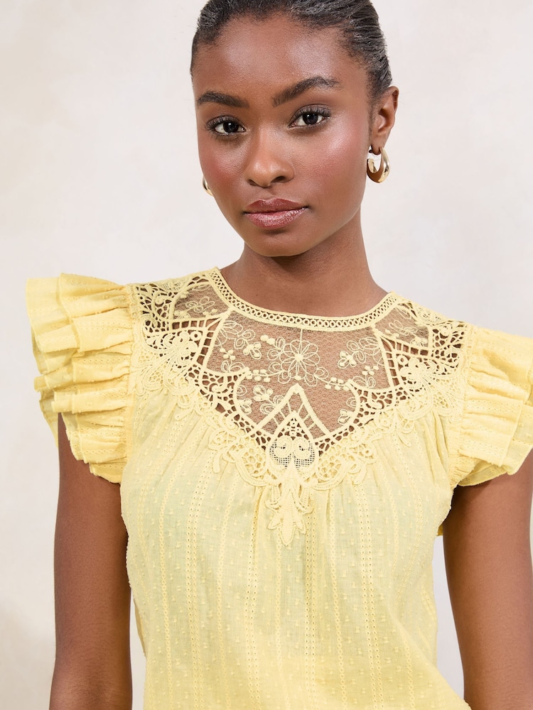 Lipsy Buttermilk Yellow Embroidered Flutter Sleeve Shell Top - Image 1 of 4