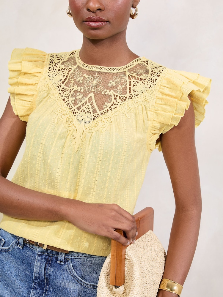 Lipsy Buttermilk Yellow Embroidered Flutter Sleeve Shell Top - Image 2 of 4
