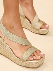 Lipsy Gold Wide Fit High Asymmetric Strappy Elastic Wedges - Image 2 of 5