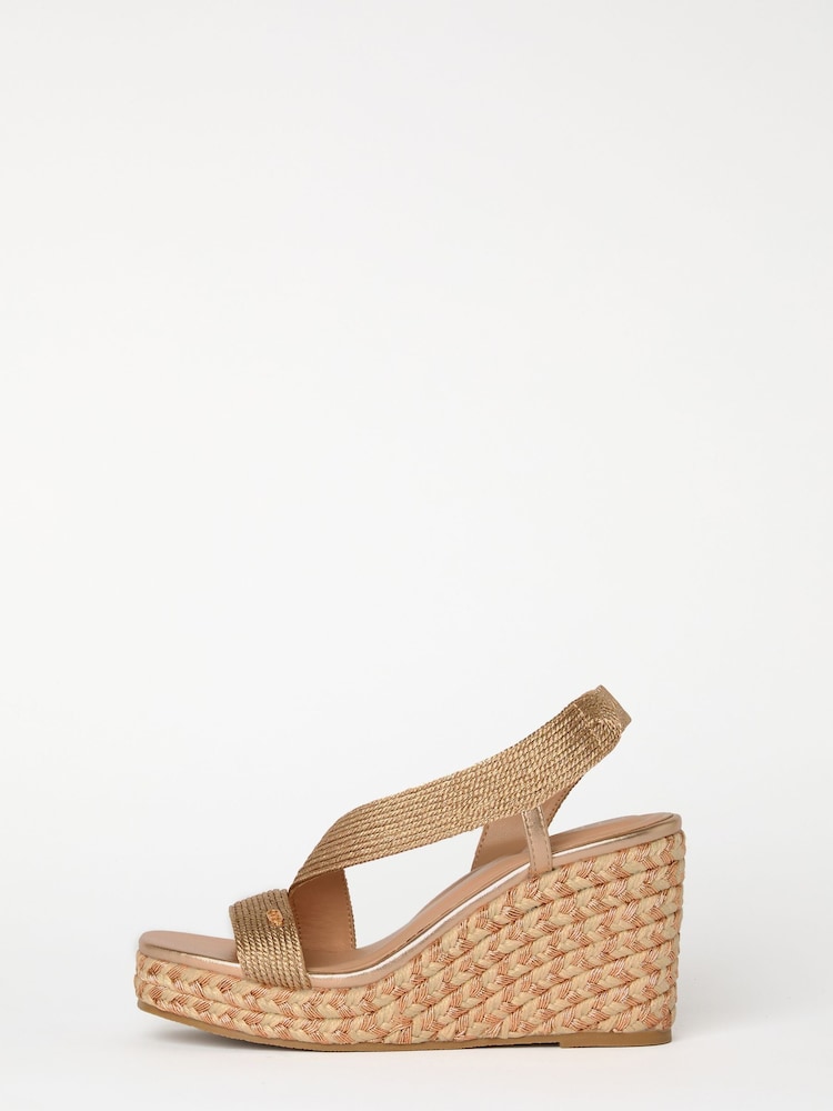 Lipsy Gold Wide Fit High Asymmetric Strappy Elastic Wedges - Image 5 of 5