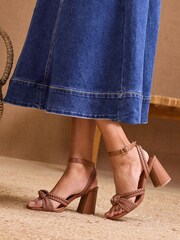 Love & Roses Tan Woven Knot Mid Block Faux Leather Heels Sandals
