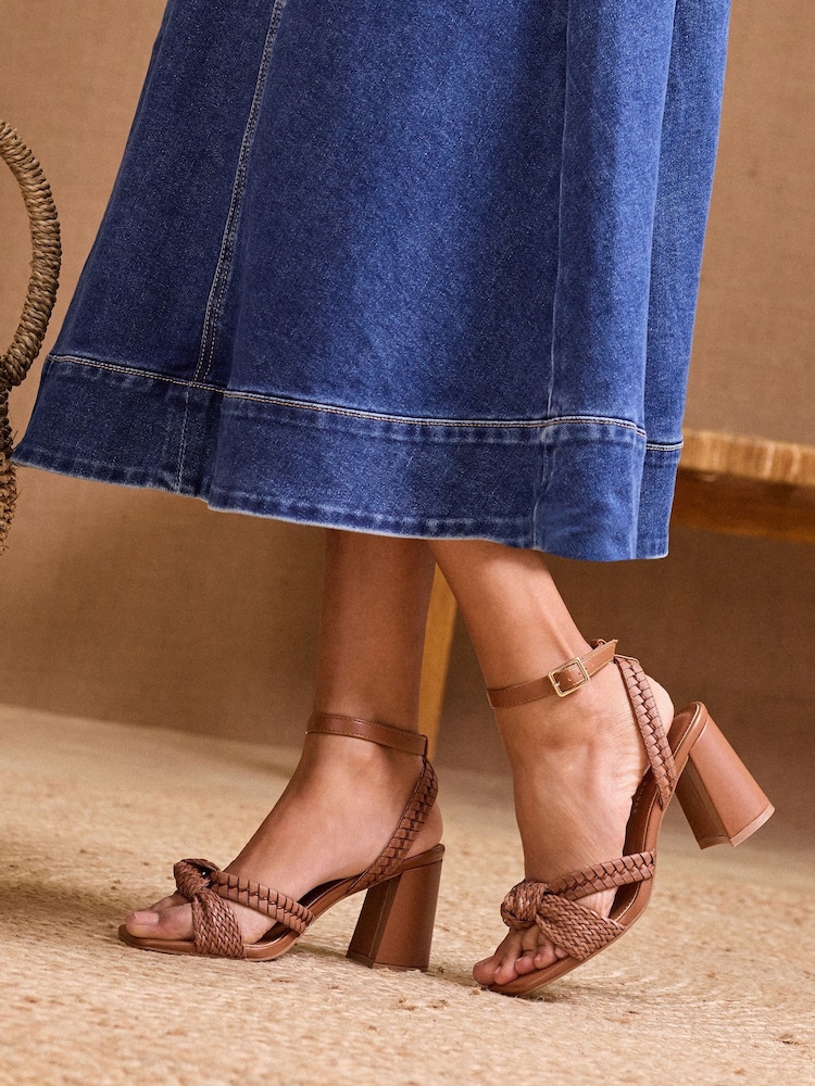 Love & Roses Tan Woven Knot Mid Block Faux Leather Heels Sandals - Image 1 of 5