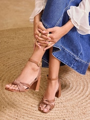 Love & Roses Tan Woven Knot Mid Block Faux Leather Heels Sandals - Image 3 of 5