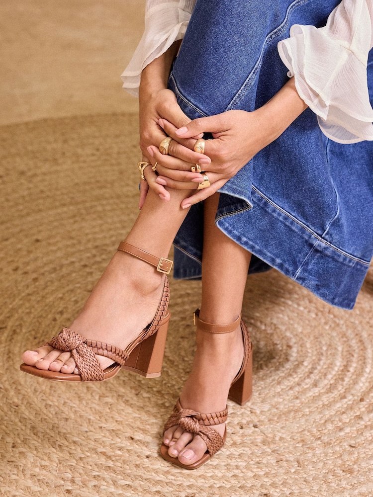 Love & Roses Tan Woven Knot Mid Block Faux Leather Heels Sandals - Image 3 of 5