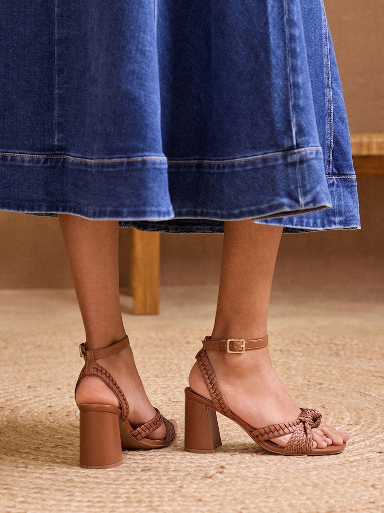 Love & Roses Tan Woven Knot Mid Block Faux Leather Heels Sandals - Image 4 of 5