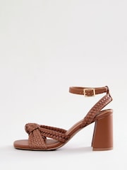 Love & Roses Tan Woven Knot Mid Block Faux Leather Heels Sandals - Image 5 of 5