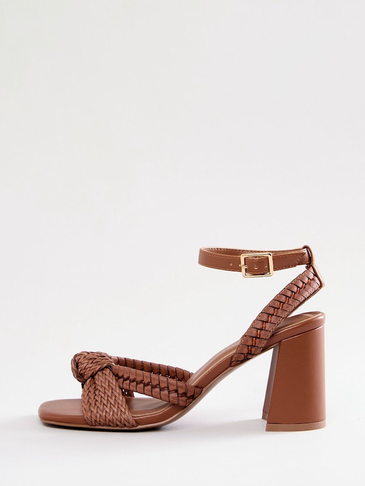 Love & Roses Tan Woven Knot Mid Block Faux Leather Heels Sandals - Image 5 of 5