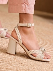 Love & Roses Ecru Woven Knot Mid Block Faux Leather Heels Sandals - Image 1 of 5