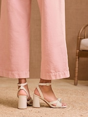 Love & Roses Ecru Woven Knot Mid Block Faux Leather Heels Sandals - Image 4 of 5