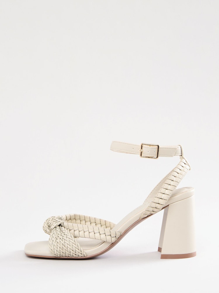 Love & Roses Ecru Woven Knot Mid Block Faux Leather Heels Sandals - Image 5 of 5