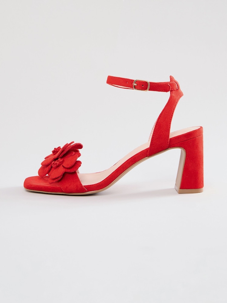 Love & Roses Red Flower Trim Mid Block Heel Sandals - Image 5 of 5