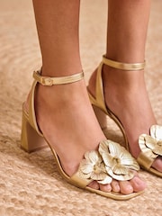 Love & Roses Gold Flower Trim Mid Block Heel Sandals - Image 1 of 5