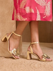 Love & Roses Gold Flower Trim Mid Block Heel Sandals - Image 3 of 5
