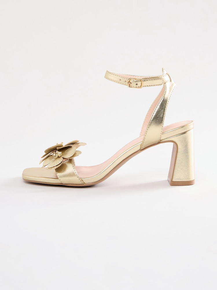 Love & Roses Gold Flower Trim Mid Block Heel Sandals - Image 5 of 5