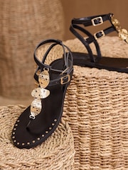 Love & Roses Black Hardwear Detail Double Buckle Faux Leather Flat Sandals - Image 4 of 5