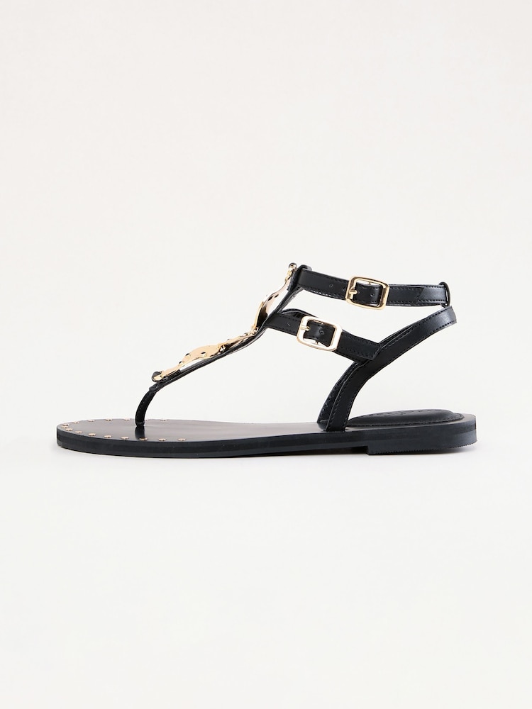 Love & Roses Black Hardwear Detail Double Buckle Faux Leather Flat Sandals - Image 5 of 5