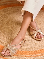 Love & Roses Gold Woven Leather Knot Detail Flat Sandals - Image 1 of 5
