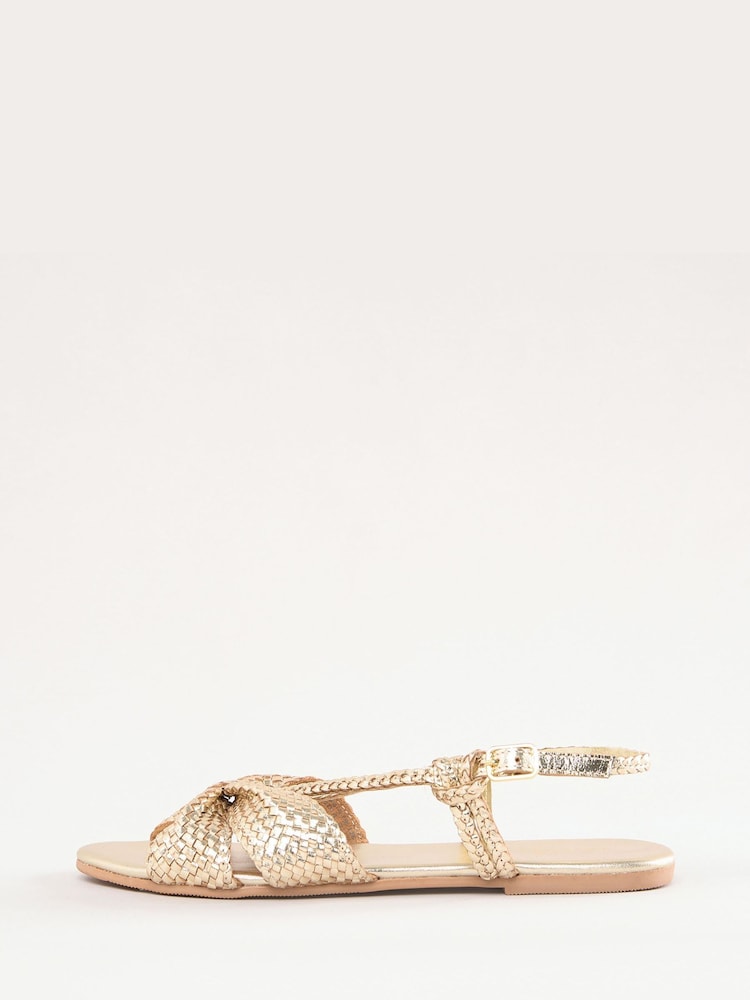 Love & Roses Gold Woven Leather Knot Detail Flat Sandals - Image 5 of 5
