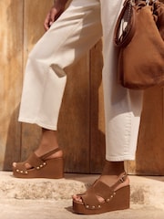 Love & Roses Tan Brown Suede Cross Strap Wedge Clog Sandals - Image 1 of 5