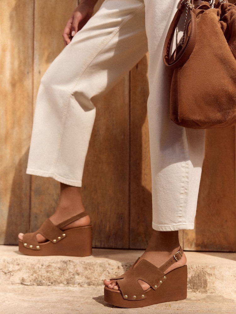 Love & Roses Tan Brown Suede Cross Strap Wedge Clog Sandals - Image 1 of 5