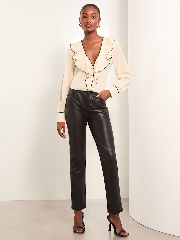Buy Lipsy Ivory Tipped V-Neck Ruffle Long Sleeve Blouse from the Next ...