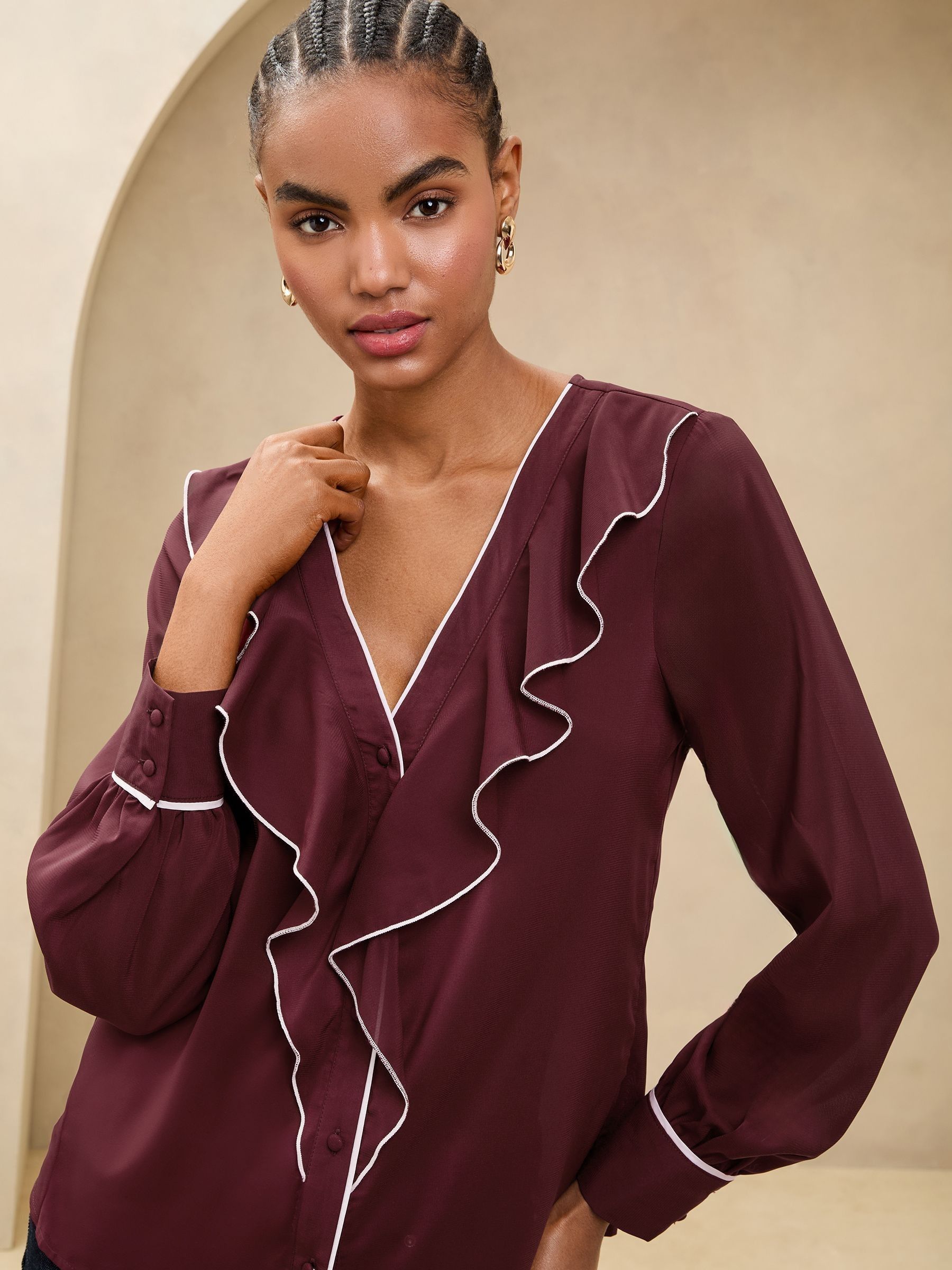 Buy Lipsy Burgundy Red Tipped V-Neck Ruffle Long Sleeve Blouse