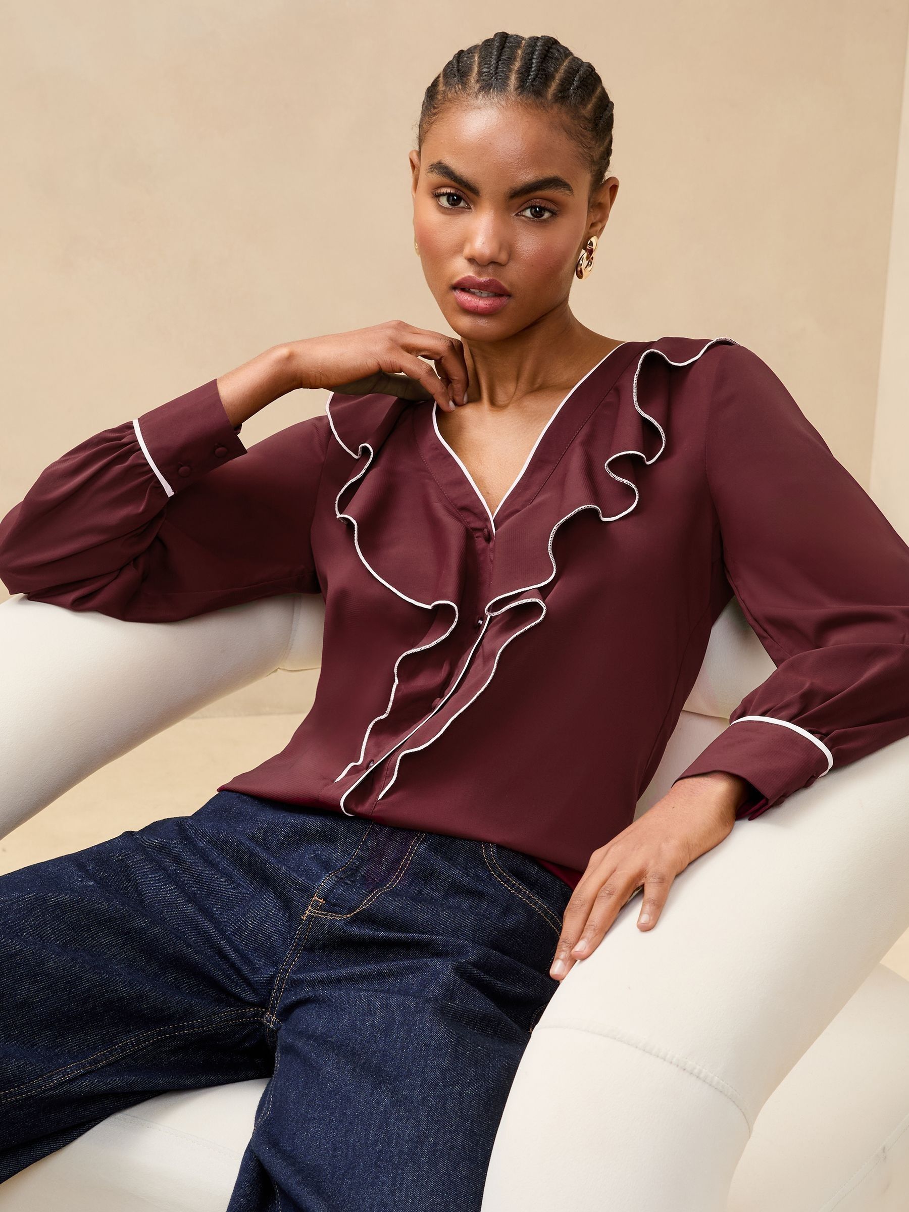 Buy Lipsy Burgundy Red Tipped V-Neck Ruffle Long Sleeve Blouse