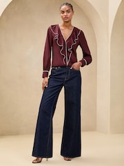 Lipsy Burgundy Red Tipped V-Neck Ruffle Long Sleeve Blouse - Image 3 of 4