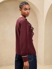 Lipsy Burgundy Red Tipped V-Neck Ruffle Long Sleeve Blouse - Image 4 of 4